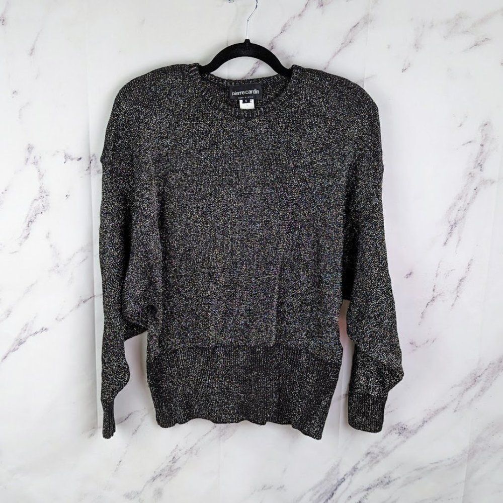 Vintage 90s Metallic Gray Long Sleeve Sweater Glitter Pierre Cardin Size Small